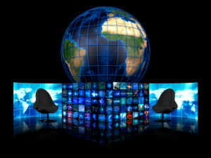 digital screen and a world globe