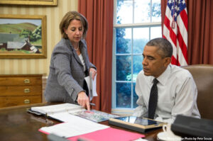 Lisa Monaco, Assistant to the President for Homeland Security and Counterterrorism, updates President Barack Obama on the shooting in Canada prior to his phone call with Prime Minister Stephen Harper, Oct. 22, 2014.