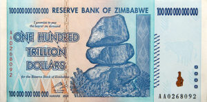Bank note of one hundred trillion dollars, from zimbabwe. Feije Riemersma/Alamy