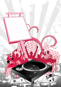 Abstract graphic art depiction of a DJ turntable, a blank sign, silhouetted dancing bodies, and decorative flourishes in red and pink, against gray and white starburst background. MHE World.