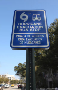 Low-angle, close-up view of a Hurricane Evacuation Bus Stopt Sign in Charleston, South Carolina.