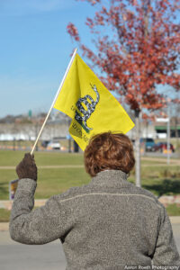 Protester with "Don't Tread on Me" flag