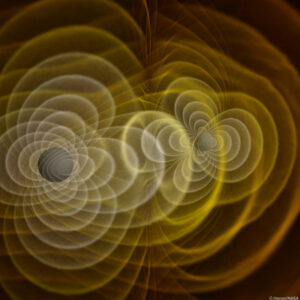 Simulation of the merger of two black holes and the resulting emission of gravitational radiation.