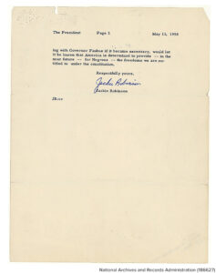 Letter from Jackie Robinson to President Eisenhower of May 13, 1958. National Archives and Records Administration (186627). MHE World.