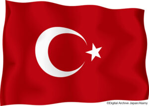 Turkish flag against a white background, digitally generated. (c) Digital Archive Japan / Alamy. MHE World.