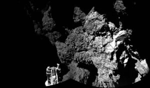 The Philae lander of the European Space Agency's Rosetta mission is safely on the surface of Comet 67P/Churyumov-Gerasimenko, as these first two images from the lander's CIVA camera confirm.. ESA/Rosetta/Philae/CIVA. https://www.nasa.gov/jpl/pia18876/welcome-to-a-comet-from-lander-on-surface.