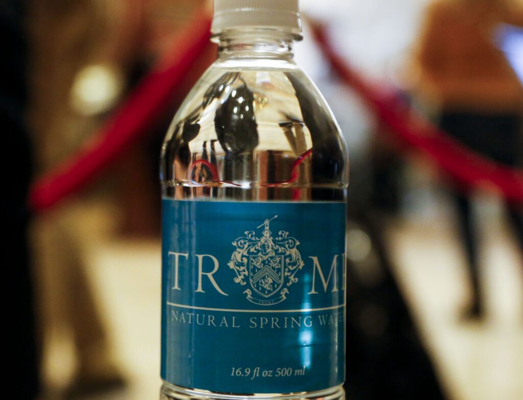 A Trump bottle of water in the lobby of the Trump Tower, while United States President-elect Donald Trump is holding meetings on top floors of the Trump Tower.