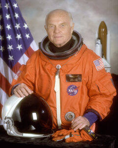 STS-95 crewmember, astronaut and U.S. Senator John Glenn. Glenn was the first American to orbit the earth and returned to space in 1998 aboard a Space Shuttle flight.