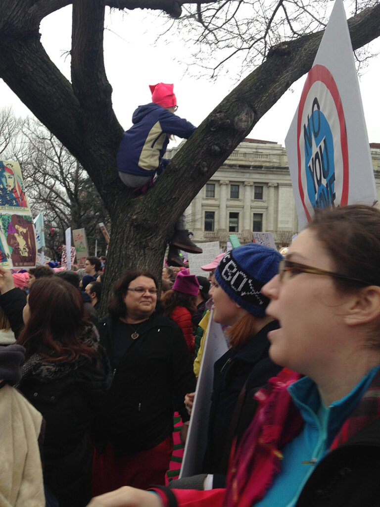 young person in tree branch, sitting above marching crowd