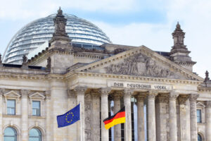 Reichstag, Berlin with German and European flags
