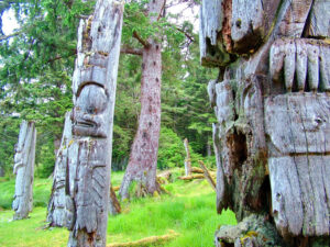 The historic UNESCO site--totem poles, Ninstints, Haida Gwaii, British Columbia, Canada