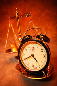 clock and coins balanced on an old-fashioned scale