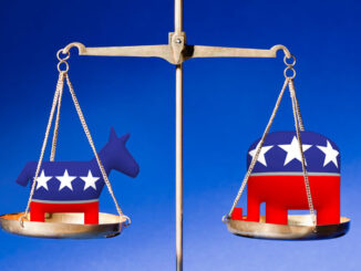 Republican Party and Democratic Party flags on scales