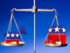 Republican Party and Democratic Party flags on scales
