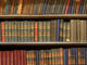 hardcover books lined up on bookshelves
