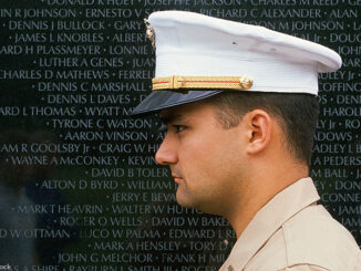 Military officer in front of Vietnam Veterans Memorial in Washington, DC