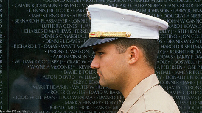 FS_04P_110713 Military officer in front of Vietnam Veterans Memorial in Washington, DC
