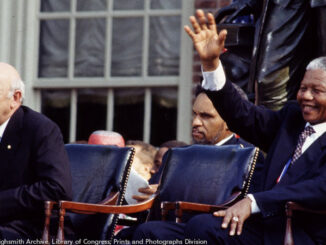 F.W. de Klerk, left, the last president of apartheid-era South Africa, and Nelson Mandela, his successor, wait to speak in Philadelphia, Pennsylvania