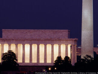Dusk view of the Lincoln Memorial, Washington Monument and U.S. Capitol, Washington, D.C.