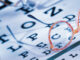 Eye exam chart with glasses on top