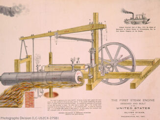 The first steam engine designed and built in the United States, by Oliver Evans, of Philadelphia, Pa., 1801 / Drawing by Thos. Arnold McKibbin. Library of Congress Prints and Photographs Division [LC-USZC4-2758]