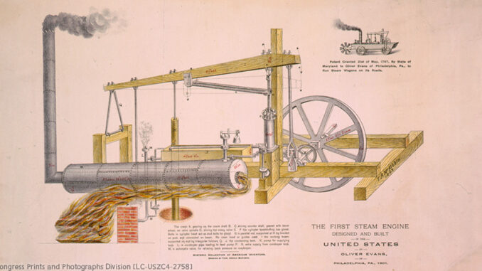 The first steam engine designed and built in the United States, by Oliver Evans, of Philadelphia, Pa., 1801 / Drawing by Thos. Arnold McKibbin. Library of Congress Prints and Photographs Division [LC-USZC4-2758]