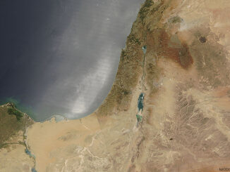 Nile Delta, Sinai Peninsula, and Middle East. Satellite image: MODIS Rapid Response Team, NASA/GSFC