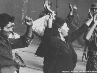 Prisoners. Copy of German photograph taken during the destruction of the Warsaw Ghetto, Poland, 1943.