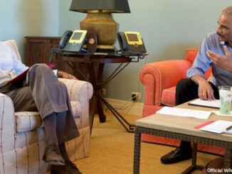 President Barack Obama talks with Attorney General Eric Holder to discuss the situation in Ferguson, Mo., in Chilmark, Martha's Vineyard, Mass., August 14, 2014. (Official White House Photo by Pete Souza)