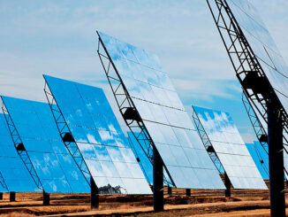 A field of solar mirror panels harnessing the sun's rays to provide renewable alternative green energy
