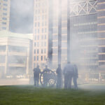 Civil War canon, soldiers, and smoke in downtown Columbus, Ohio