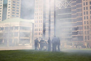 Civil War canon, soldiers, and smoke in downtown Columbus, Ohio