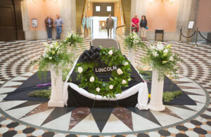 A recreation of Lincoln's casket stands in the Ohio Statehouse rotunda.