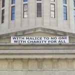 Lincoln funeral commemoration banner hung on Ohio Statehouse.