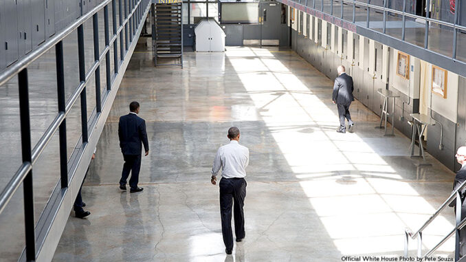 072215_01P_FS President Barack Obama walks in the Residential Drug Abuse Prevention Unit at El Reno Prison after making a statement to the press, in El Reno, Okla., July 16, 2015. (Official White House Photo by Pete Souza)