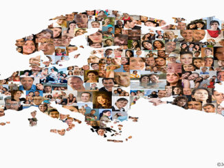 Collage of many multi-ethnic people in the shape of a map of Europe and Asia against a white background. DreamPictures/Jensen Walker/Getty Images. Blend Images. single image purchase by SEG from Getty Images Oct-14 (PA4). MHE Canada MHE USA.