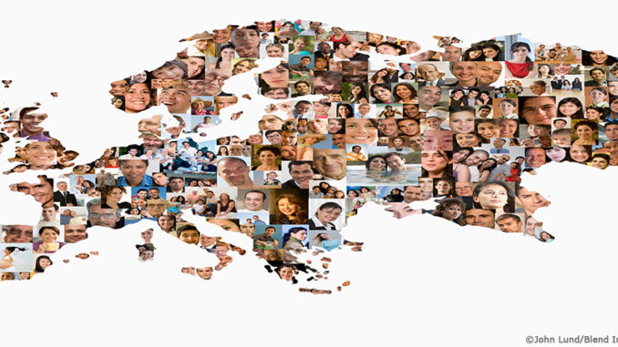 BLD129452 Collage of many multi-ethnic people in the shape of a map of Europe and Asia against a white background. DreamPictures/Jensen Walker/Getty Images. Blend Images. single image purchase by SEG from Getty Images Oct-14 (PA4). MHE Canada MHE USA.