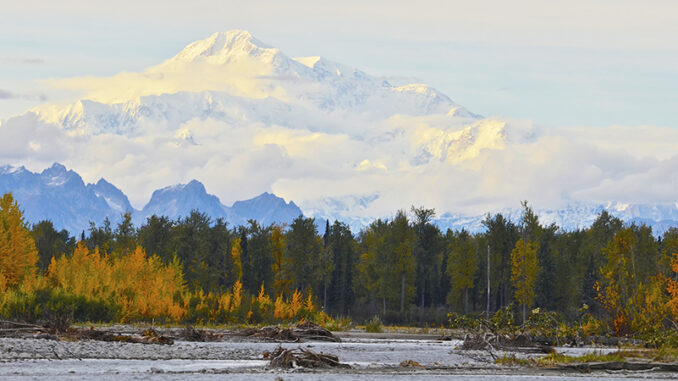 wvhd.7144.22191.4928x3264 The peak of Denali, also known as Mount McKinley, remains snow covered even at the very end of the short warm season, Alaska, USA. Bob Gobeille/WeatherVideoHD.TV. "Vendor: WeatherVideoHD.TV Business Unit Rights: MHE World Distribution Rights: World Adaptation Rights: Yes