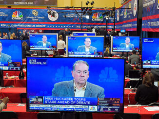 Republican presidential candidate Mike Huckabee appears on a series of television monitors in the media center before the start of the CNBC Republican presidential debate at the University of Colorado, Wednesday, Oct. 28, 2015, in Boulder, Colo. (AP Photo/Mark J. Terrill).Mark J. Terrill/AP Images. http://www.apimages.com/metadata/Index/GOP-2016-Debate/371aa866464a491288dbd0e7228e78af/1/0