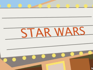 Full-length illustration of a movie theater marquee advertising the movie 'Star Wars'. McGraw-Hill Education. MHE World.