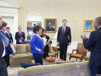 President Barack Obama speaks with the attendees following a meeting in the Oval Office on the executive actions he can take to curb gun violence, Jan. 4, 2016. Listening to the President, from left: Neil Eggleston, Counsel to the President; Deputy Attorney General Sally Yates; Eric Nguyen, Associate Counsel to the President; Michael Bosworth, Deputy Counsel to the President; Senior Advisor Valerie Jarrett; Attorney General Loretta Lynch; Natalie Quillian, Deputy Assistant to the President (partially hidden behind the Attorney General) and FBI Director James Comey. (Official White House Photo by Pete Souza)https://www.whitehouse.gov/photos-and-video/photogallery/january-2016-photo-day