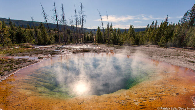 152873743 Morning Glory Pool hot spring in Upper Geyser Basin of Yellowstone National Park in United States. © Patrick Leitz/Getty Images/Flickr RF. MHE Canada;MHE USA.