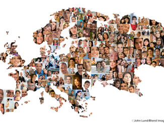Collage of many multi-ethnic people in the shape of a map of Europe and Asia against a white background. ©John Lund/Blend Images LLC. MHE World