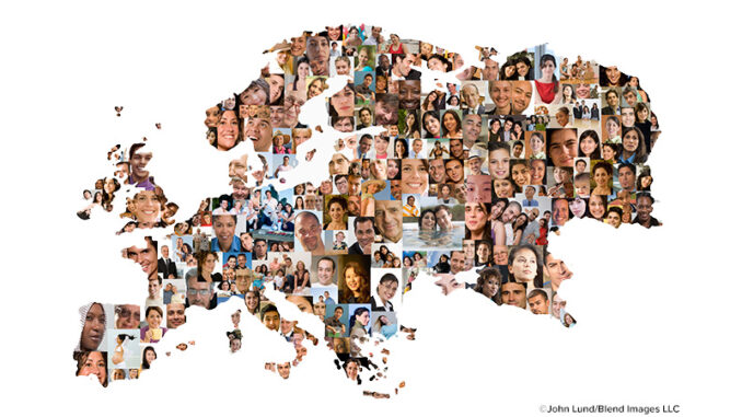 BLD129452 Collage of many multi-ethnic people in the shape of a map of Europe and Asia against a white background. ©John Lund/Blend Images LLC. MHE World