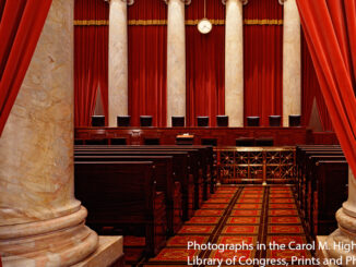 Interior view of the Court Chamber of the United States Supreme Court, Washington D.C., USA. The US Supreme Court Building, designed by architect, Cass Gilbert, was built from 1932 to 1935. Carol Highsmith, photographer. Photographed: [between 1980 and 2006]. 1 color transparency; 4 x 5 in. or smaller. Forms part of the Carol M. Highsmith Archive. Gift and purchase; Photographs in the Carol M. Highsmith Archive, Library of Congress, Prints and Photographs Division. MHE World.