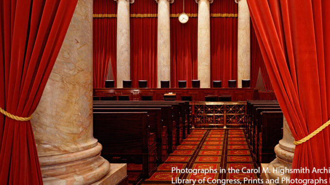 Interior view of the Court Chamber of the United States Supreme Court, Washington D.C., USA. The US Supreme Court Building, designed by architect, Cass Gilbert, was built from 1932 to 1935. Carol Highsmith, photographer. Photographed: [between 1980 and 2006]. 1 color transparency; 4 x 5 in. or smaller. Forms part of the Carol M. Highsmith Archive. Gift and purchase; Photographs in the Carol M. Highsmith Archive, Library of Congress, Prints and Photographs Division. MHE World.