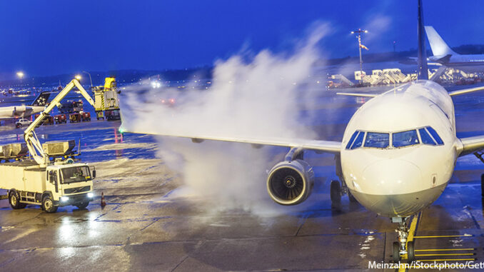 070516_FS_02P A ground crew deicing the wings of an aircraft. Meinzahn/iStockphoto/Getty Images. MHE Canada;MHE USA