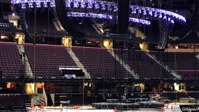 071216_01P_FS In this June 28, 2016 file photo, work continues on the main stage for the Republican National Convention in Cleveland. Donald Trump’s team promises an extraordinary display of political entertainment at the Republican National Convention, with the accent on entertainment. Mark Gillispie/AP Images. http://www.apimages.com/metadata/Index/Campaign-2016-Tale-of-Two-Conventions/2b39a89e855d4d50a846f8277b7fb48c/1/0.