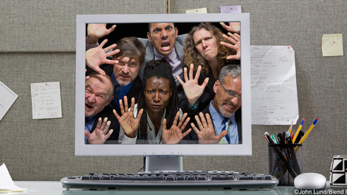 082516_01P_FS Business people trapped in computer monitor. ©John Lund/Blend Images LLC. MHE World