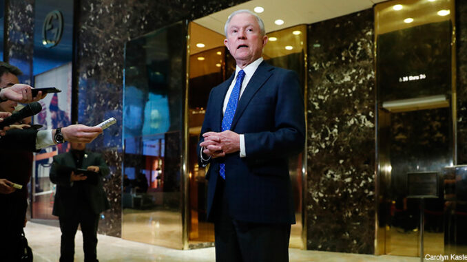 112116_02P_FS Nov. 17, 2016, Sen. Jeff Sessions, R-Ala. speaks to media at Trump Tower in New York. President-elect Donald Trump has picked Sessions for the job of attorney general.